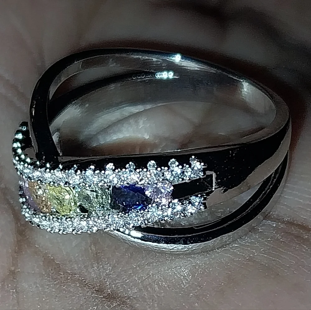 Elegant Multicolor Gemstone Silvery Ring Sz 7